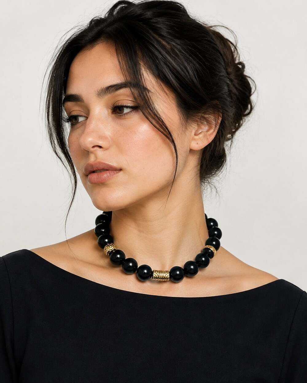 Black Bead Choker Necklace Gold Tone Accent Snap Closure Statement